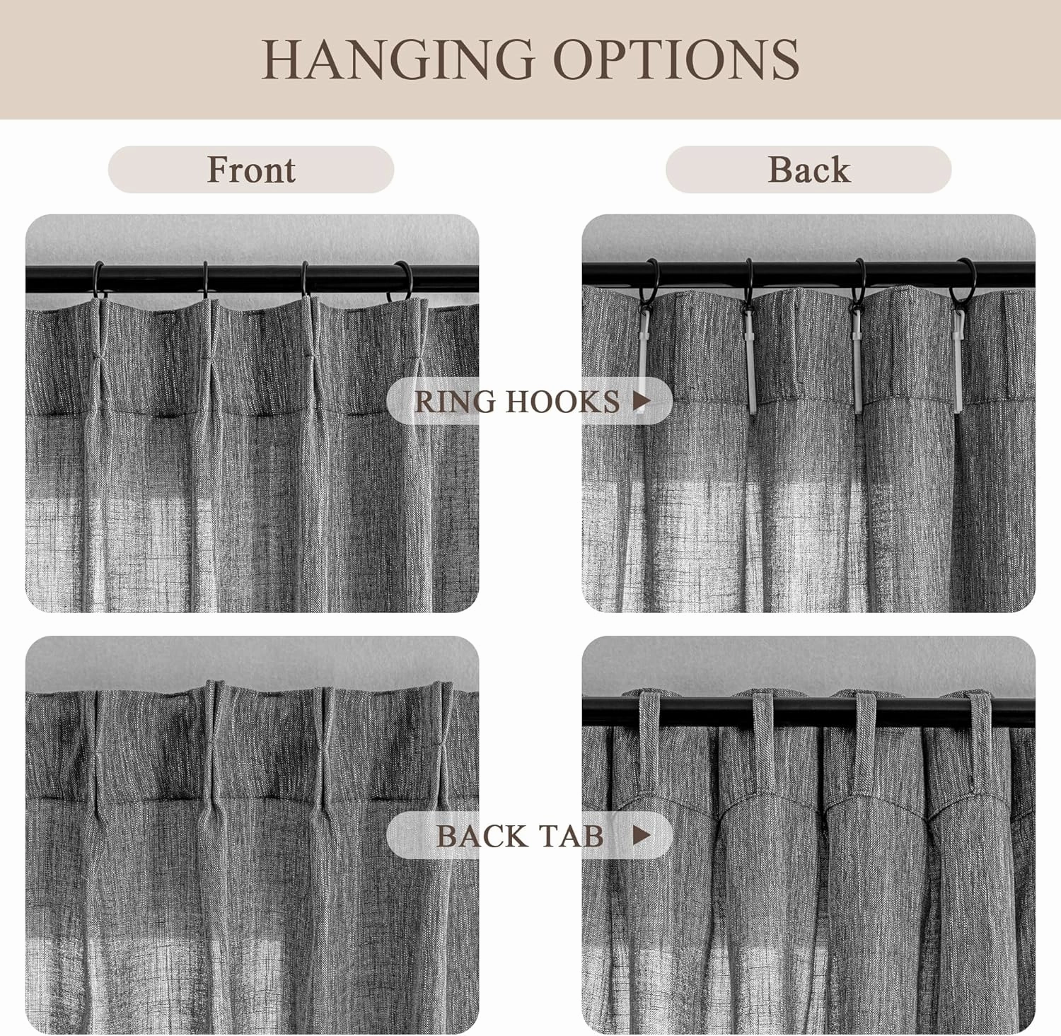 MYSKY HOME Grey Curtains for Living Room Semi Sheer Curtain Light Filtering Drapes 84 Inches Length Pinch Pleated Boho Style Home Decotation Linen Look Textured, 40 x 84 in, Dark Grey, Set of 2