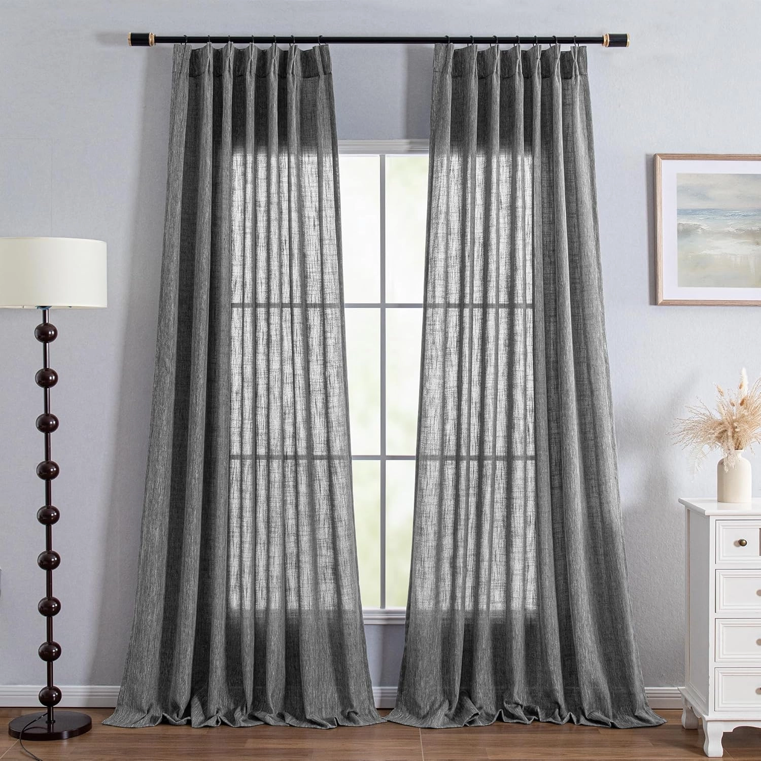MYSKY HOME Grey Curtains for Living Room Semi Sheer Curtain Light Filtering Drapes 84 Inches Length Pinch Pleated Boho Style Home Decotation Linen Look Textured, 40 x 84 in, Dark Grey, Set of 2