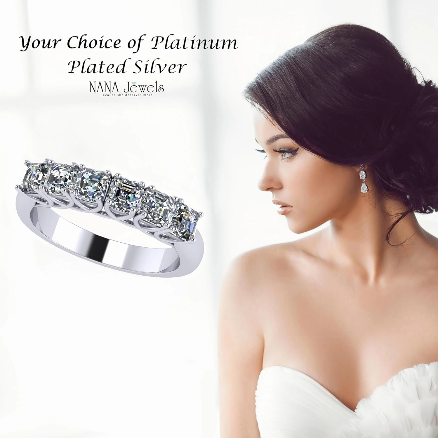 NANA Jewels Asscher Cut Simulated Diamond Ring 1.00ctw 6 Stone Wedding Band, Sterling Silver 10K/14K Gold