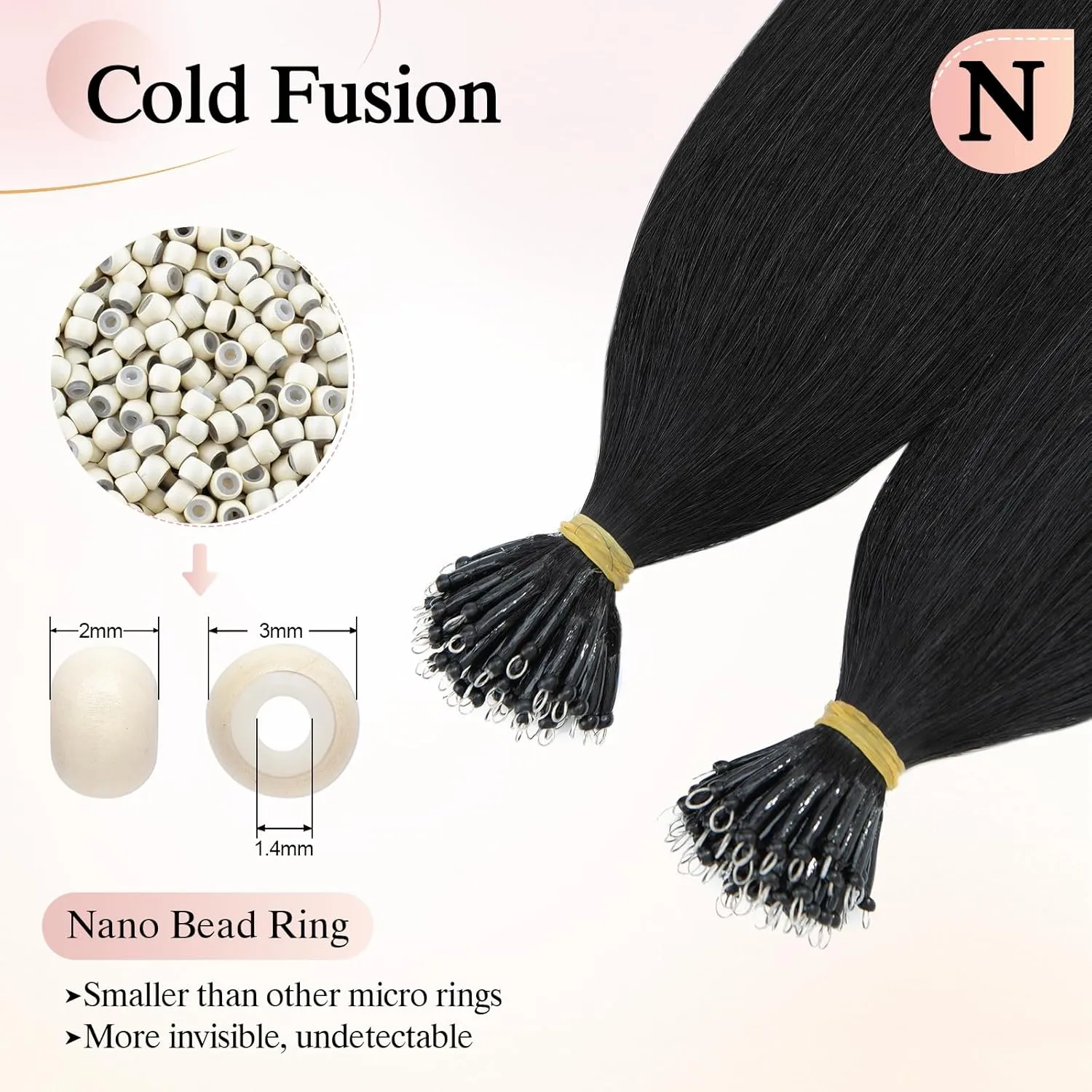 Nano Bead Human Hair Extensions - Nano Bond & Tip Extensions - Silky Straight Natural 50g/50 Stands 16" Jet Black