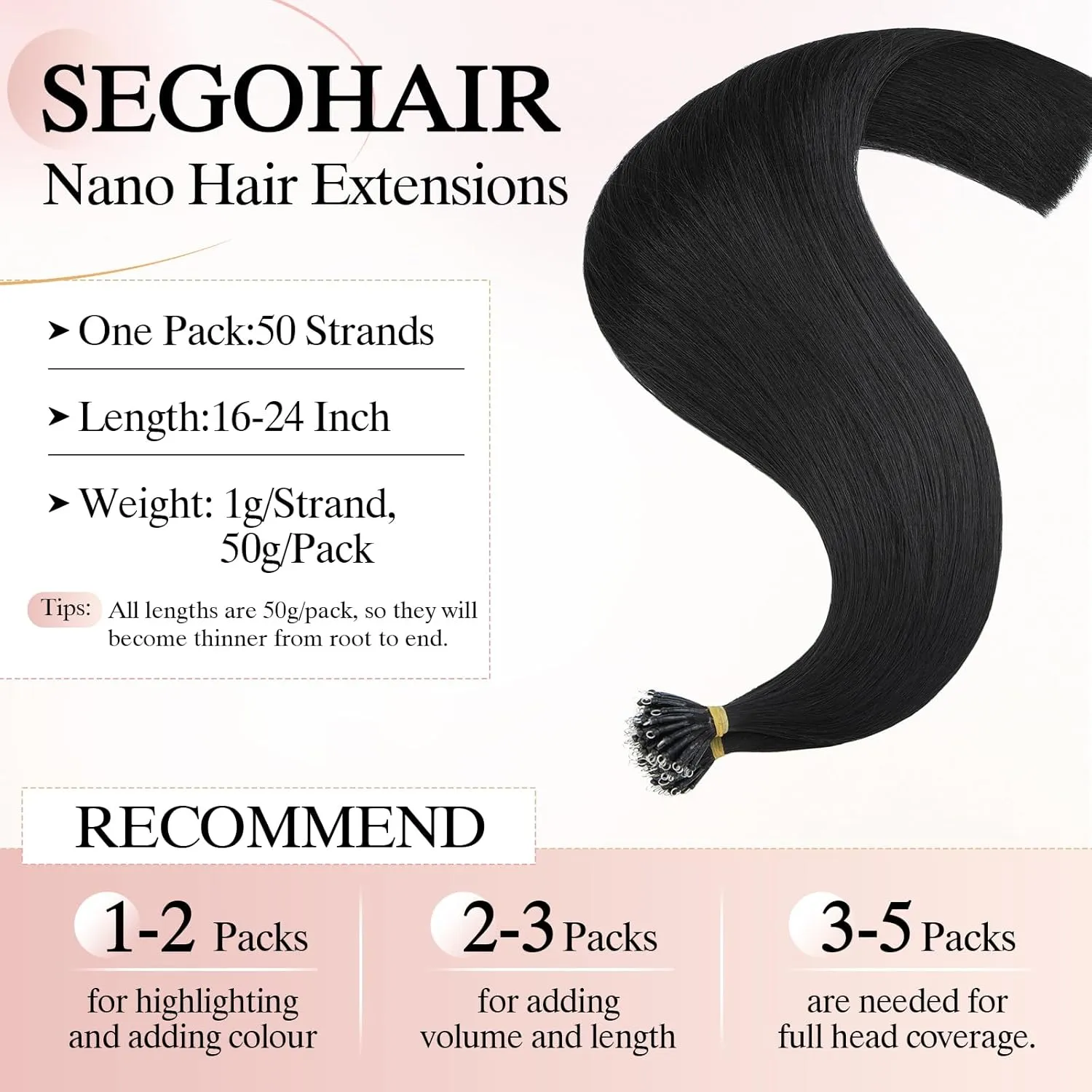 Nano Bead Human Hair Extensions - Nano Bond & Tip Extensions - Silky Straight Natural 50g/50 Stands 16" Jet Black