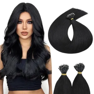 Nano Bead Human Hair Extensions - Nano Bond & Tip Extensions - Silky Straight Natural 50g/50 Stands 16" Jet Black