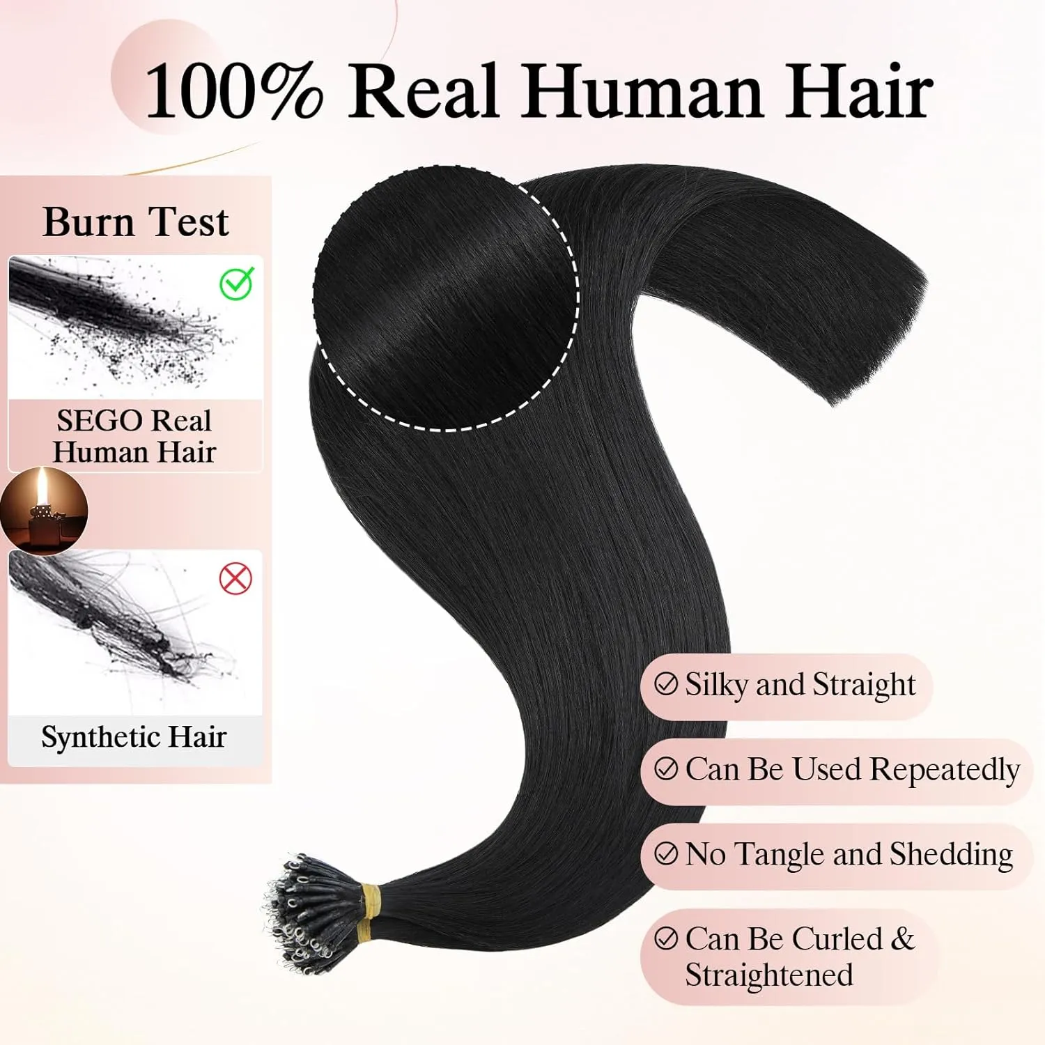 Nano Bead Human Hair Extensions - Nano Bond & Tip Extensions - Silky Straight Natural 50g/50 Stands 16" Jet Black