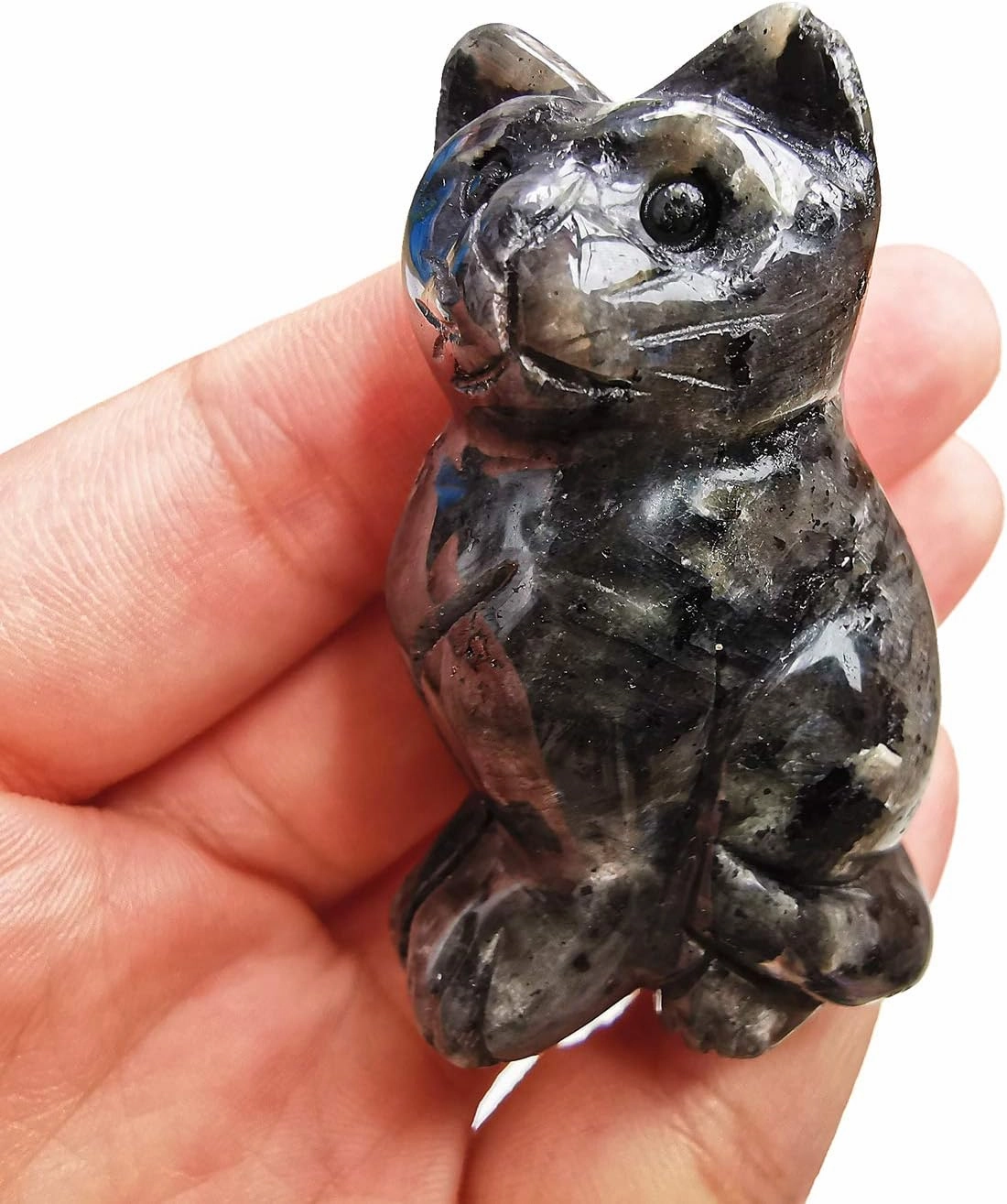 Natural Black Labradorite Crystals and Healing Stones, Pocket Carved Lucky Cat Figurines Collectibles 2 Inches Room Decor