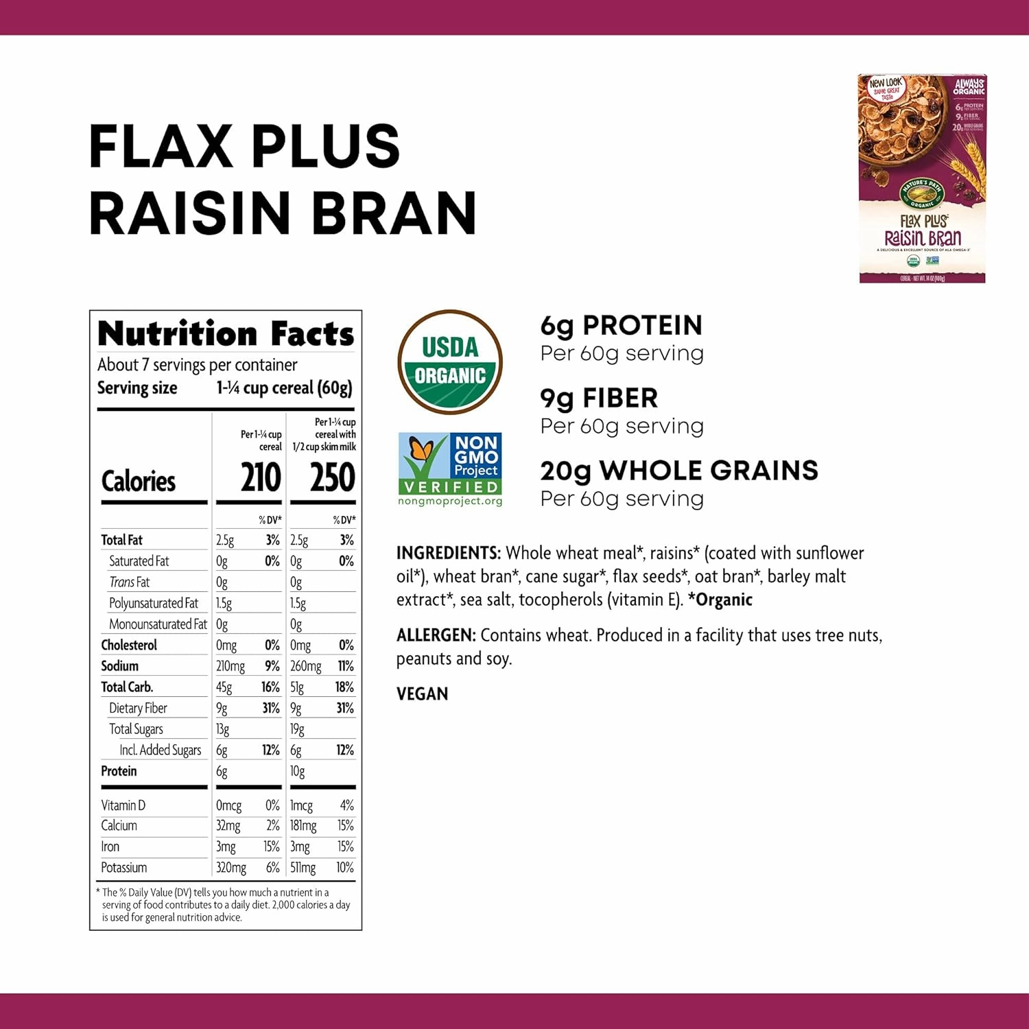 Nature's Path Organic Flax Plus Raisin Bran Cereal, Non-GMO, 20g Whole Grains, with Omega-3 Rich Flax Seeds, 14 Ounce - Pack of 4