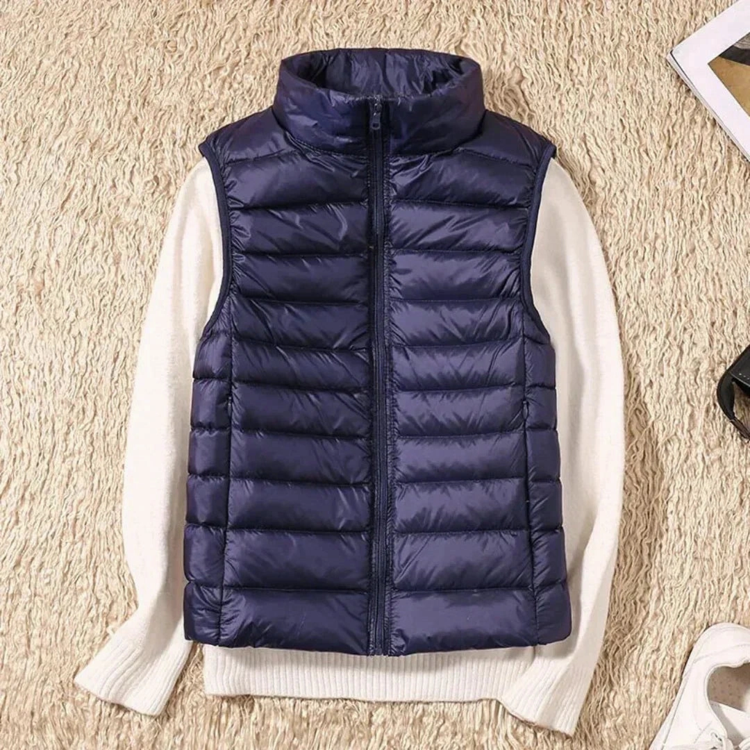 Navy Blue Women's Lightweight Quilted Puffer Vest - High Collar