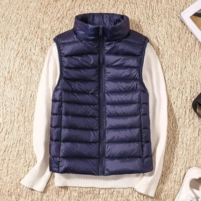 Navy Blue Women's Lightweight Quilted Puffer Vest - High Collar