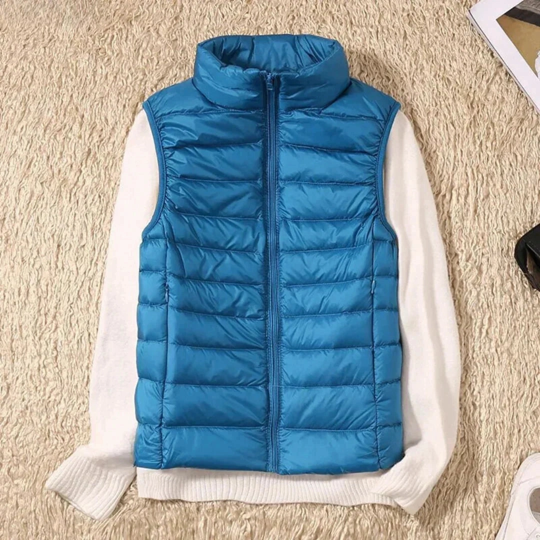 Navy Blue Women's Lightweight Quilted Puffer Vest - High Collar