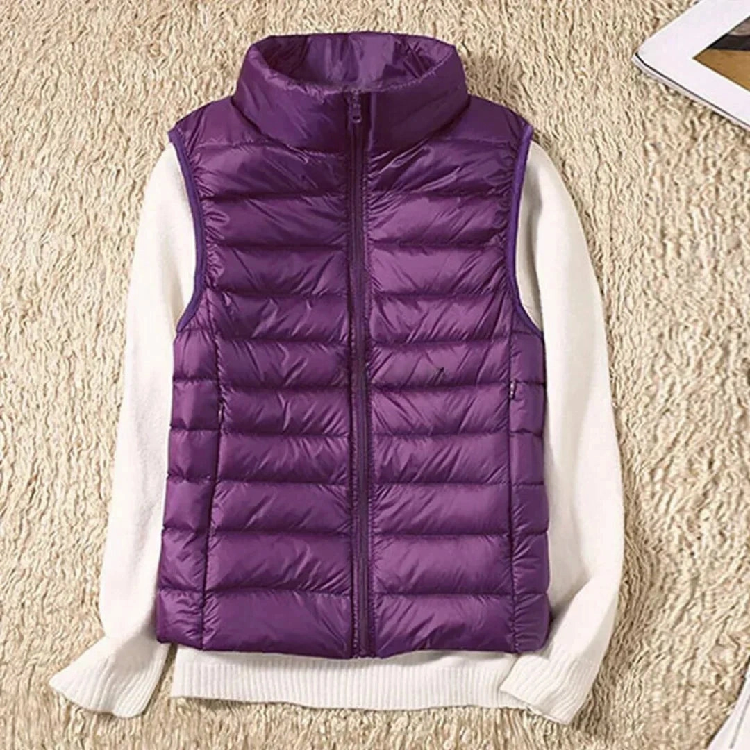Navy Blue Women's Lightweight Quilted Puffer Vest - High Collar