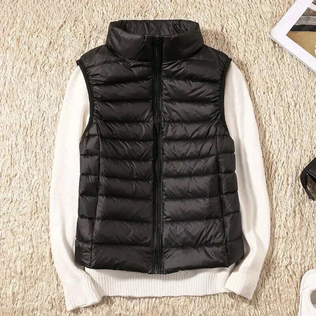 Navy Blue Women's Lightweight Quilted Puffer Vest - High Collar
