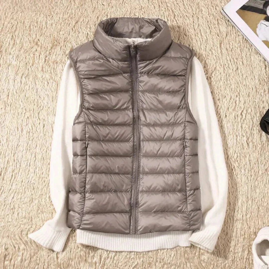 Navy Blue Women's Lightweight Quilted Puffer Vest - High Collar