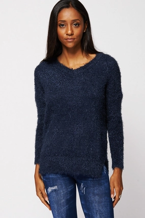 Navy Fluffy V-Neck Jumper