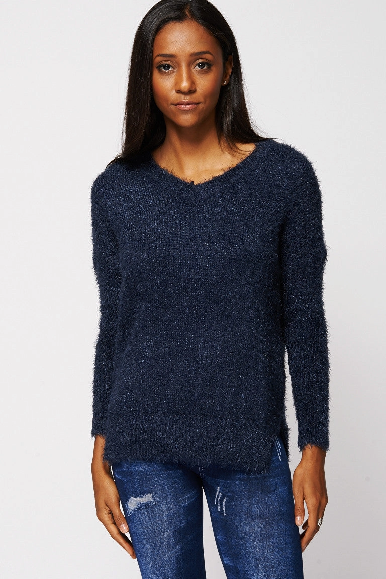 Navy Fluffy V-Neck Jumper