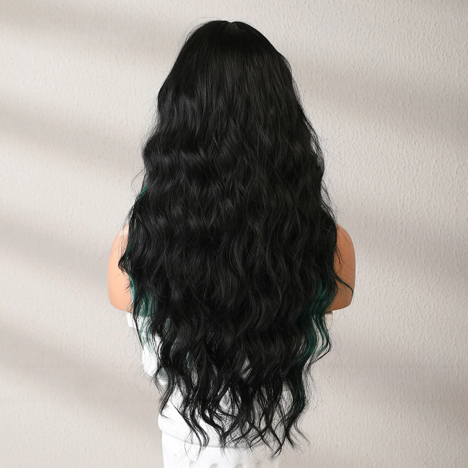 Neat Bangs Black Highlights Green Fluffy Long Curly Hair Wig Wholesale
