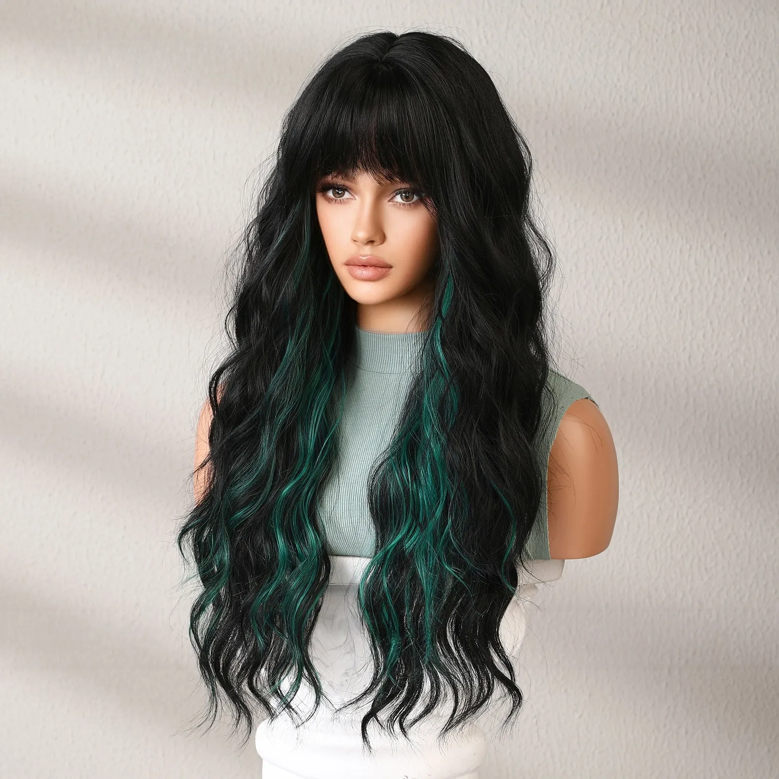 Neat Bangs Black Highlights Green Fluffy Long Curly Hair Wig Wholesale