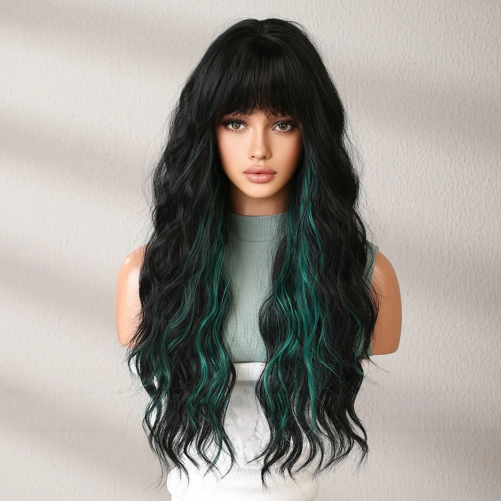 Neat Bangs Black Highlights Green Fluffy Long Curly Hair Wig Wholesale