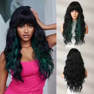 Neat Bangs Black Highlights Green Fluffy Long Curly Hair Wig Wholesale