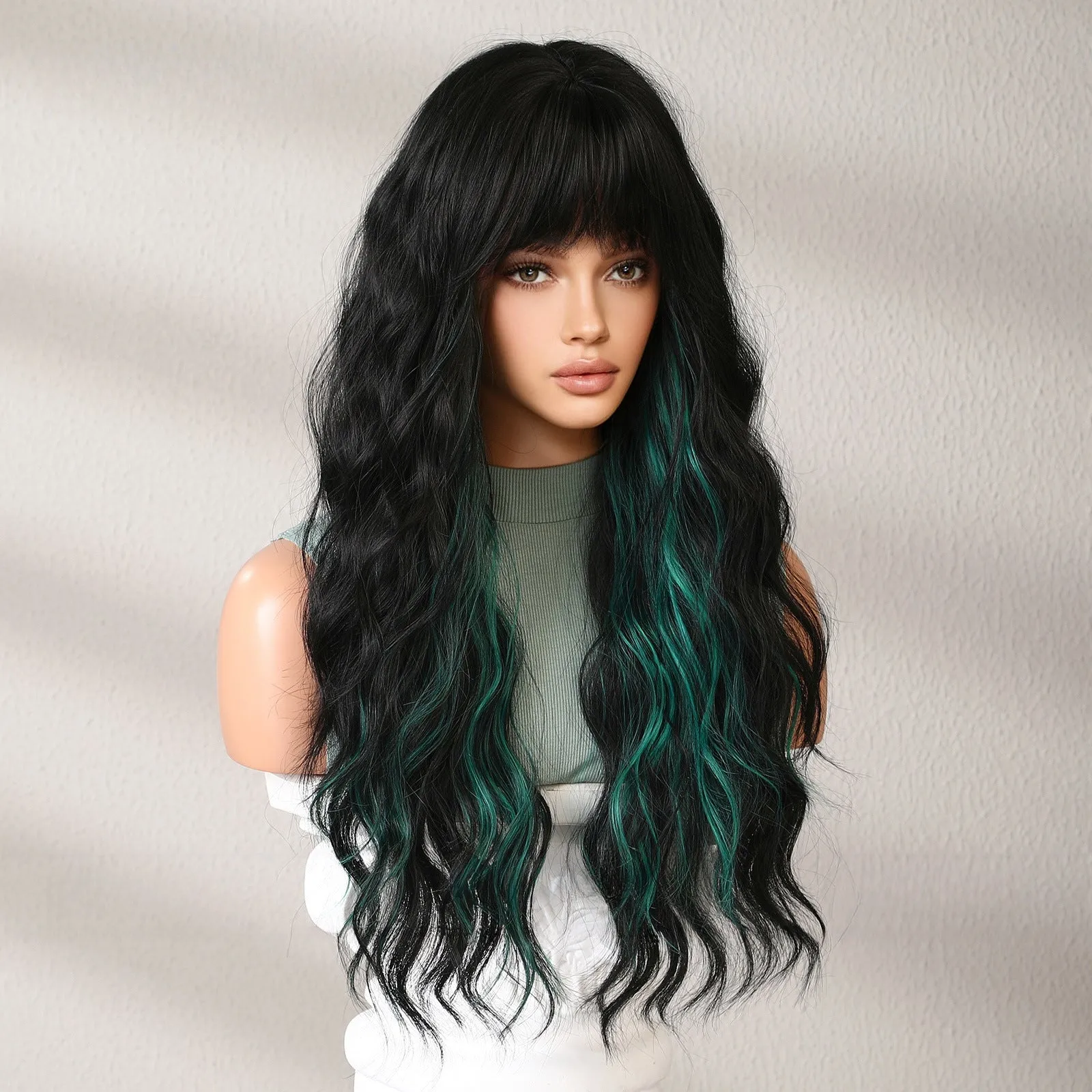 Neat Bangs Black Highlights Green Fluffy Long Curly Hair Wig Wholesale