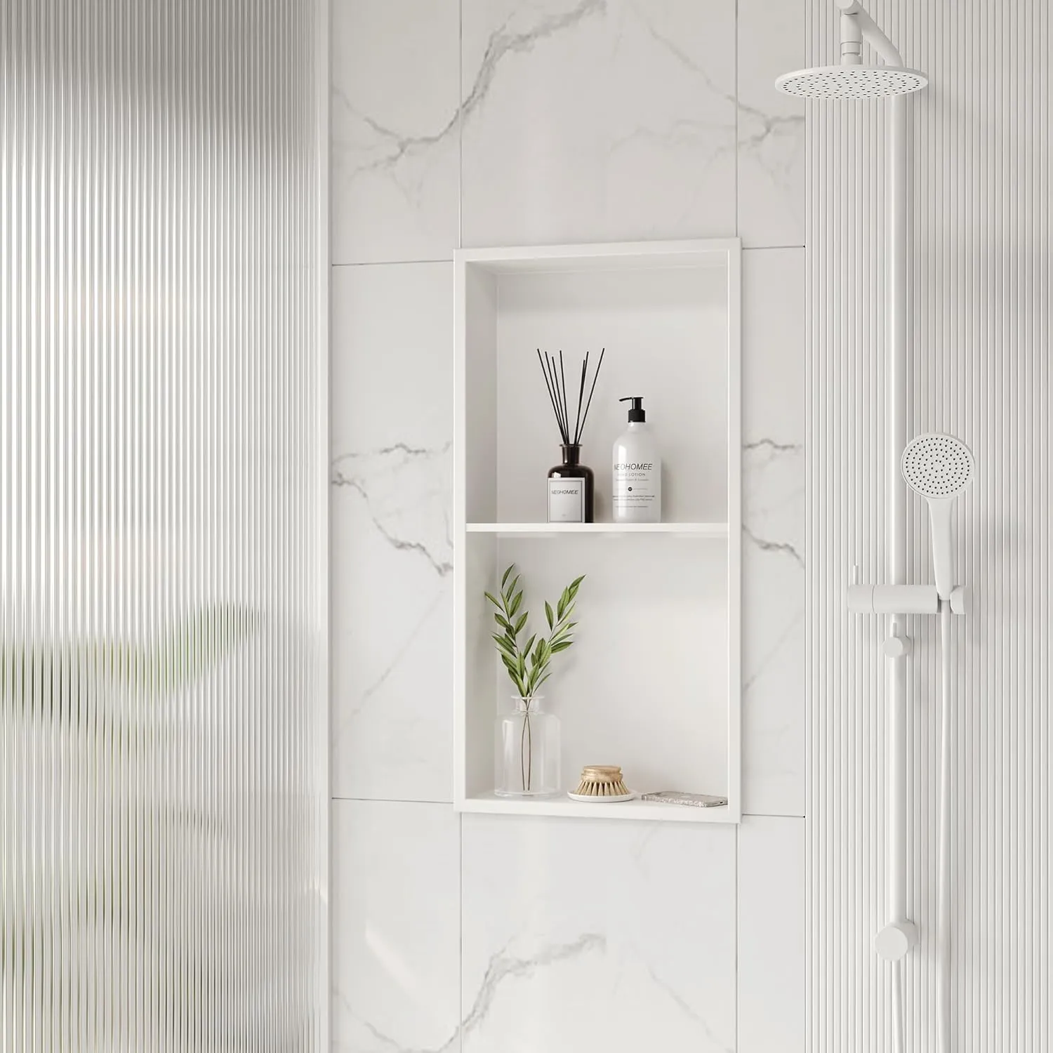 Neodrain No Tile Shower Niche, Stainless Steel Wall Niche 13.1"X25.1"(Inner Size 12"X24"), Two-Tier Bathroom Shelf, NO Tile Needed Recessed Niche for Bathroom Storage, White