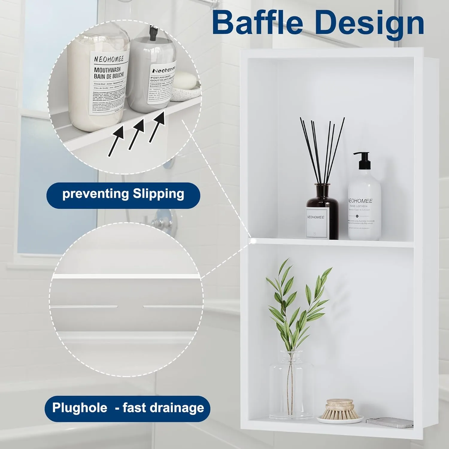 Neodrain No Tile Shower Niche, Stainless Steel Wall Niche 13.1"X25.1"(Inner Size 12"X24"), Two-Tier Bathroom Shelf, NO Tile Needed Recessed Niche for Bathroom Storage, White