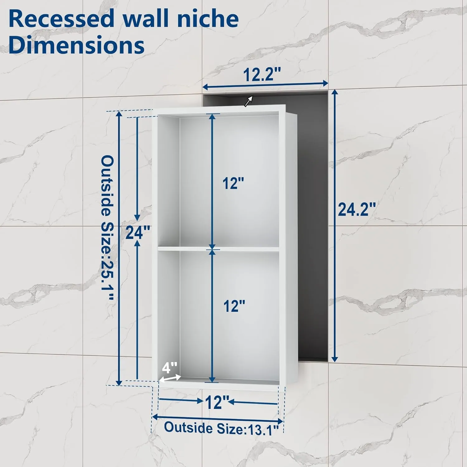 Neodrain No Tile Shower Niche, Stainless Steel Wall Niche 13.1"X25.1"(Inner Size 12"X24"), Two-Tier Bathroom Shelf, NO Tile Needed Recessed Niche for Bathroom Storage, White