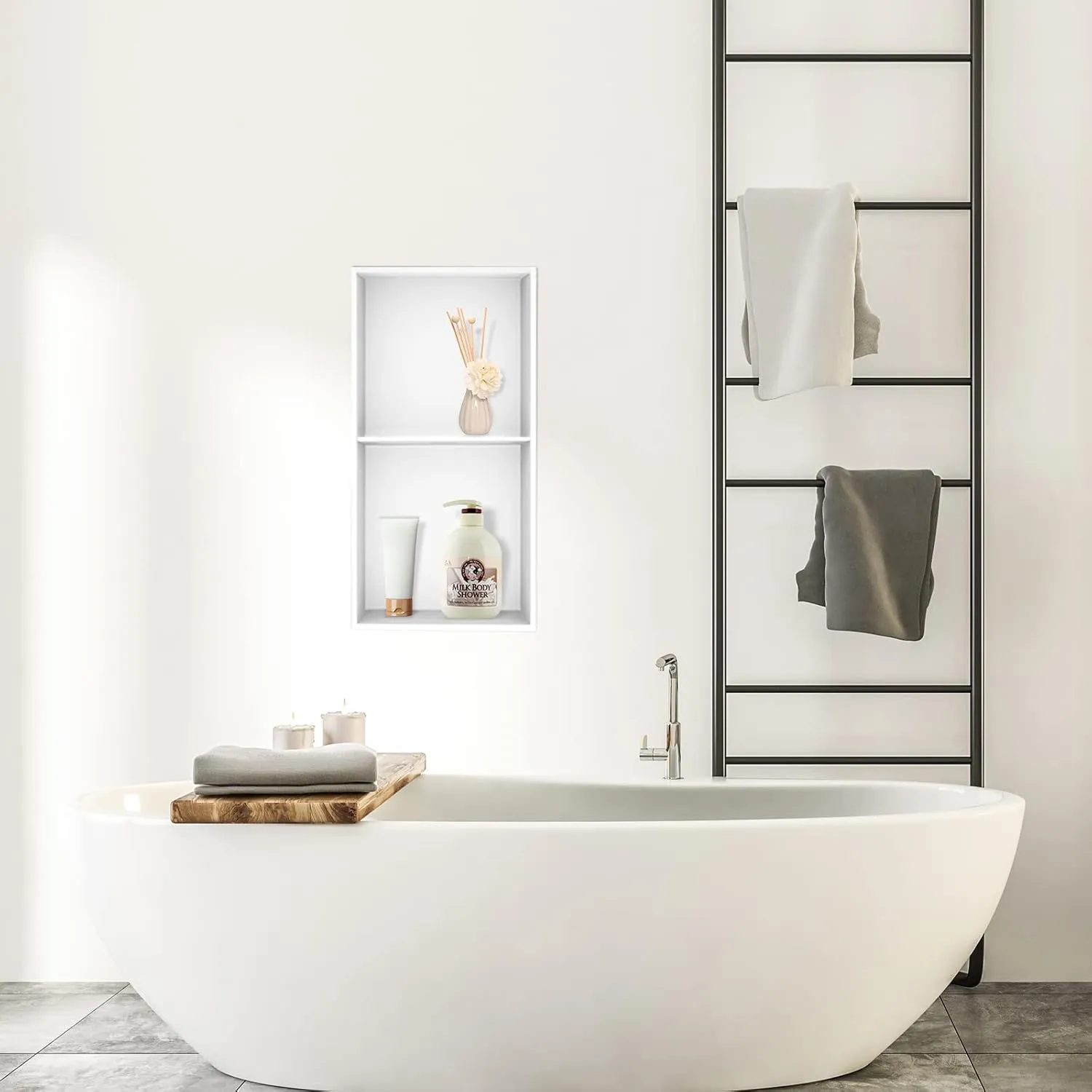 Neodrain No Tile Shower Niche, Stainless Steel Wall Niche 13.1"X25.1"(Inner Size 12"X24"), Two-Tier Bathroom Shelf, NO Tile Needed Recessed Niche for Bathroom Storage, White