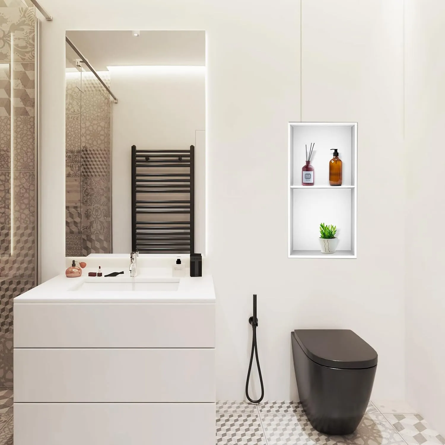 Neodrain No Tile Shower Niche, Stainless Steel Wall Niche 13.1"X25.1"(Inner Size 12"X24"), Two-Tier Bathroom Shelf, NO Tile Needed Recessed Niche for Bathroom Storage, White