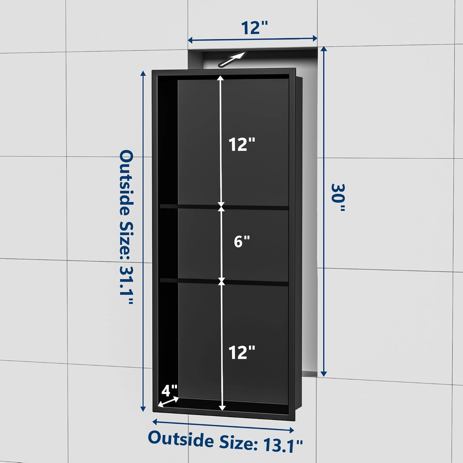 Neodrain Matte Black Wall Niche 12X30, Stainless Steel, No Tile Needed, Recessed Shower Niche for Bathroom Storage
