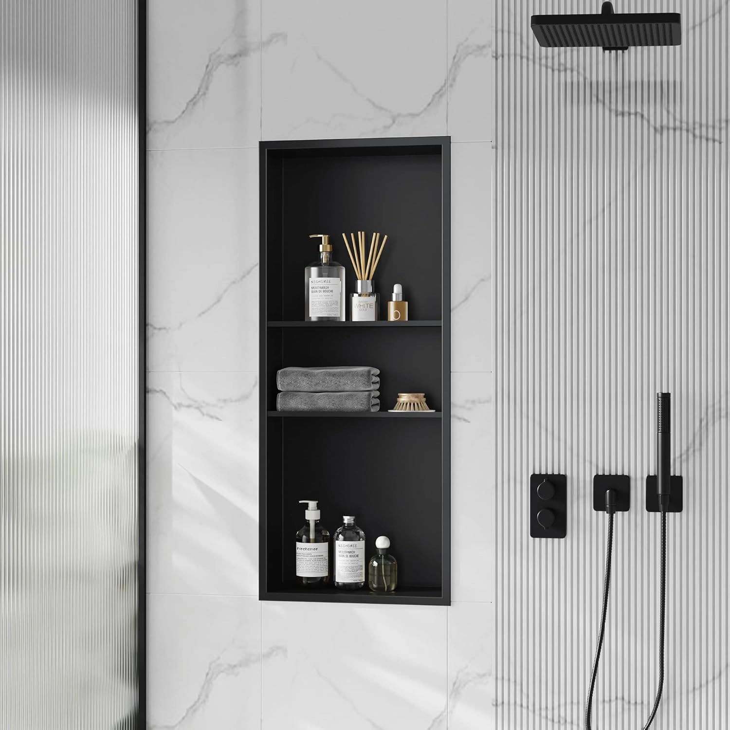 Neodrain Matte Black Wall Niche 12X30, Stainless Steel, No Tile Needed, Recessed Shower Niche for Bathroom Storage