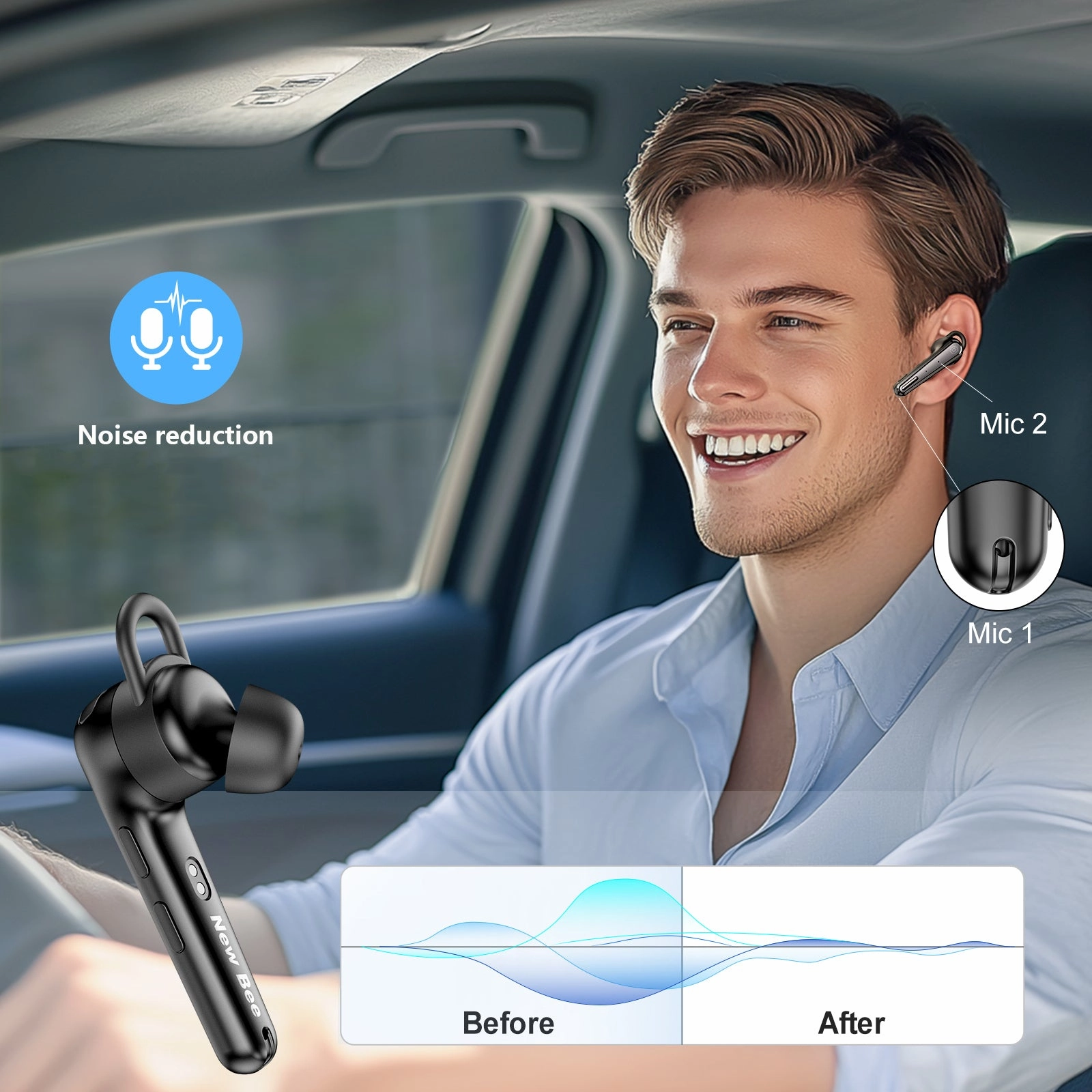New Bee M52 Bluetooth Headset Business Earbuds, Wireless Earpiece Driving Headset with Charging Case