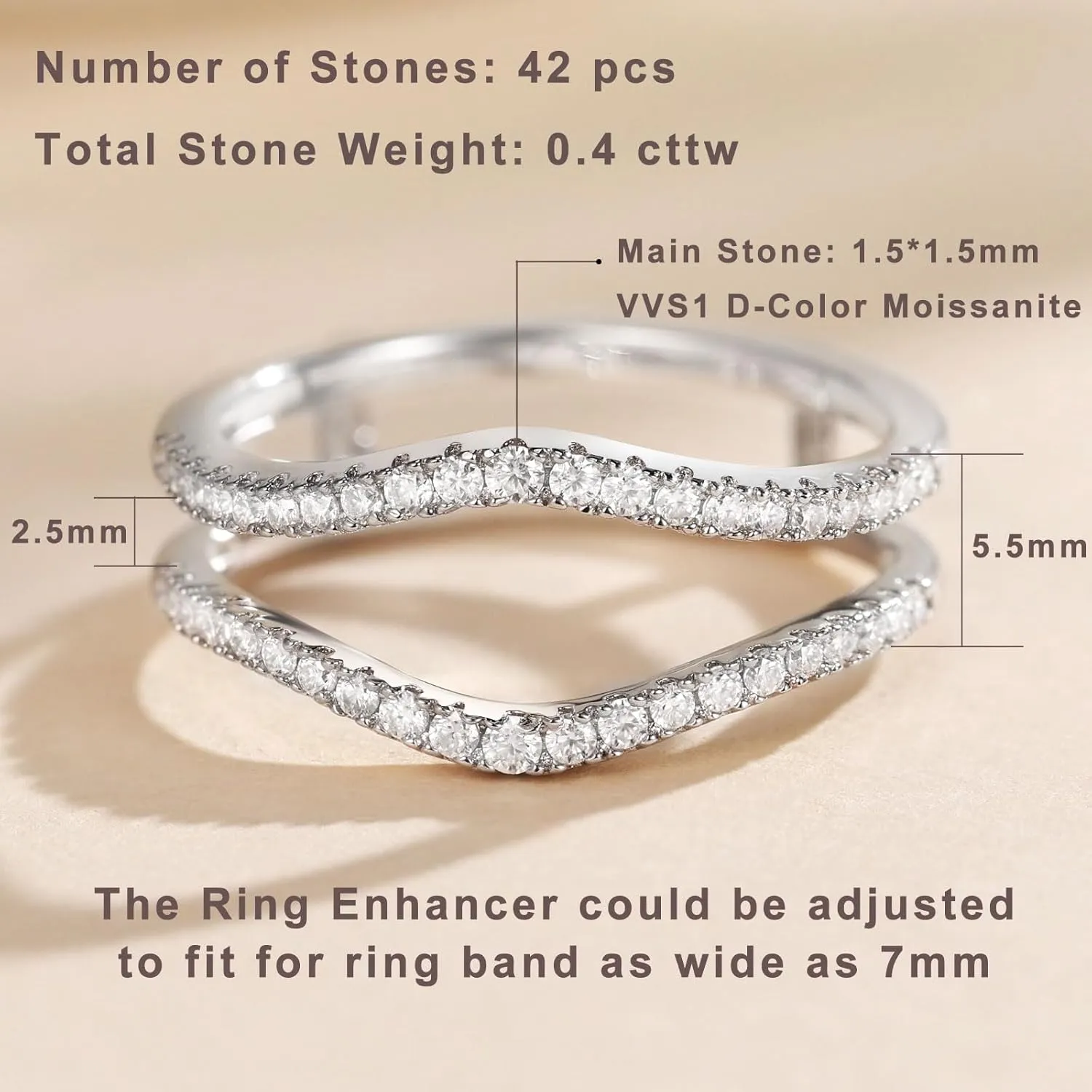Newshe Jewellery AAAAA Cubic Zirconia Curved Wedding Bands for Women Ring Enhancer Guard for Engagement Rings 925 Sterling Silver Size 4-13