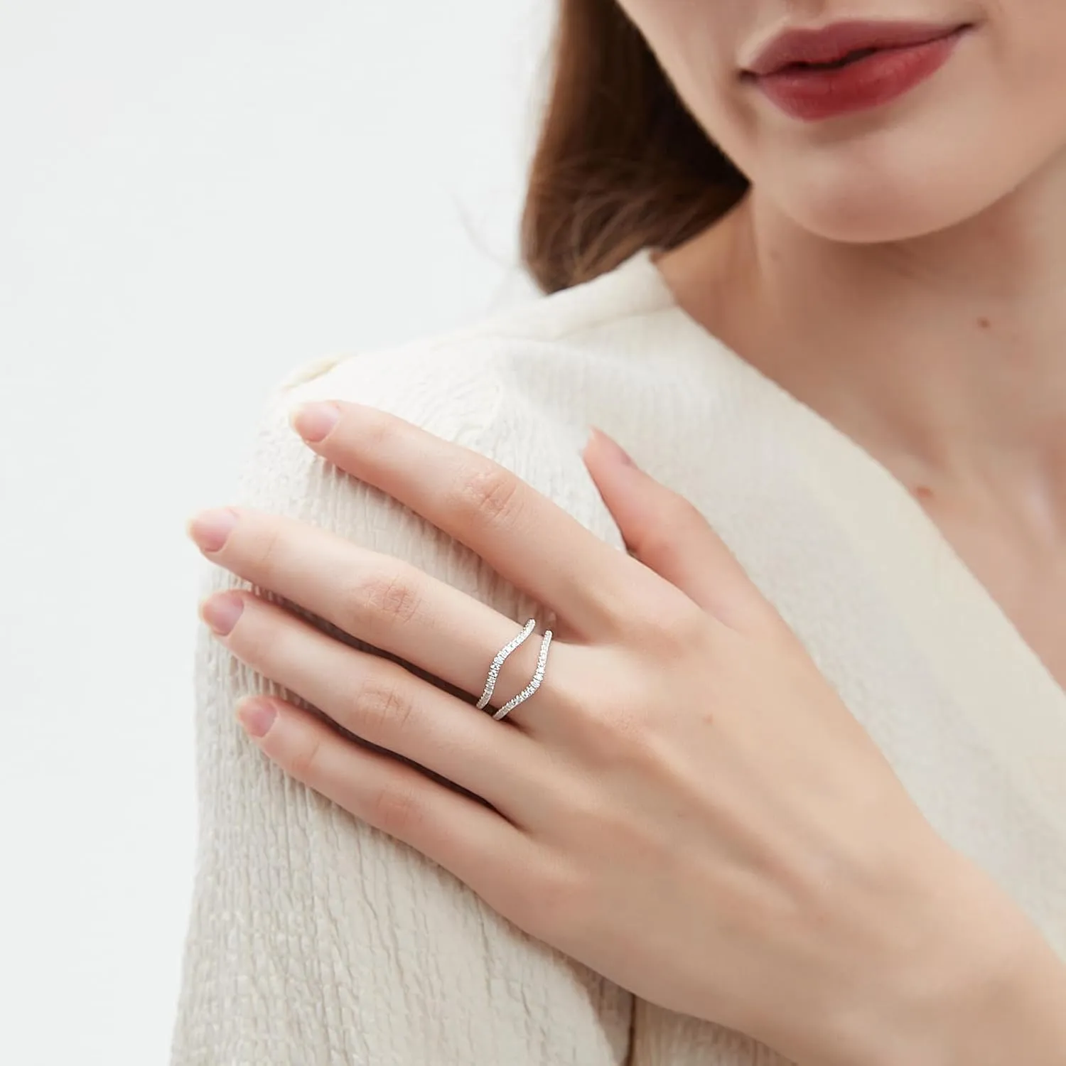 Newshe Jewellery AAAAA Cubic Zirconia Curved Wedding Bands for Women Ring Enhancer Guard for Engagement Rings 925 Sterling Silver Size 4-13