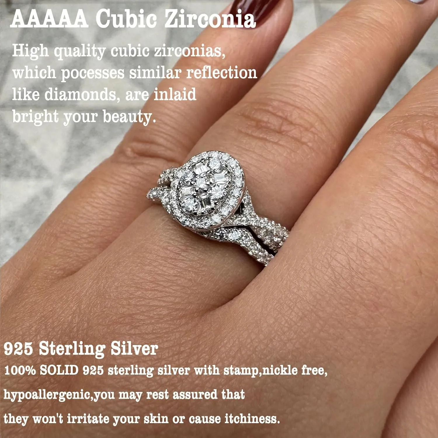 Newshe Jewellery Engagement Sets AAAAA Cz Wedding Rings for Women 925 Sterling Silver 3pcs Round White Size 4-13