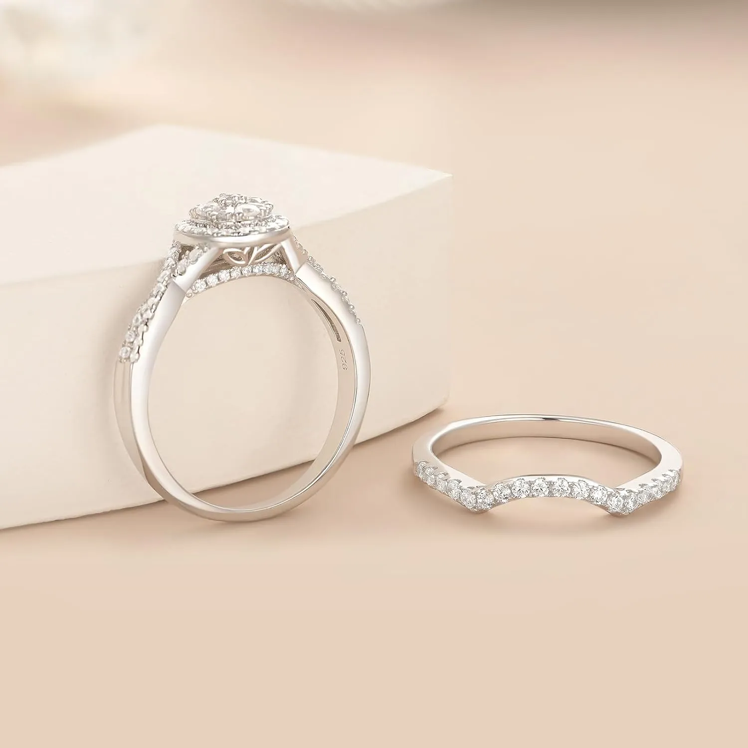 Newshe Jewellery Engagement Sets AAAAA Cz Wedding Rings for Women 925 Sterling Silver 3pcs Round White Size 4-13