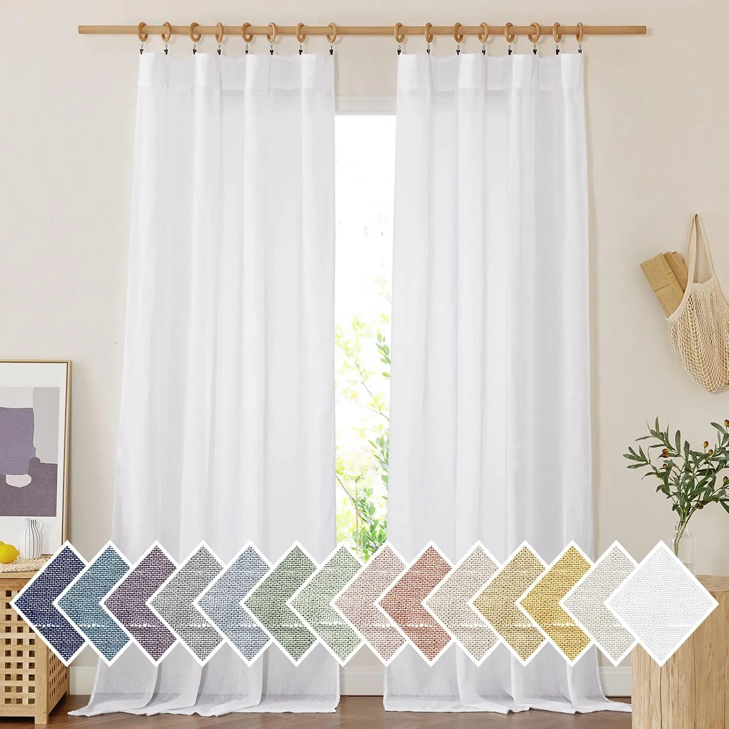 NICETOWN Sheer Linen Curtains for Living Room, Rod Pocket & Back Tab Semi Sheer Drapes Privacy Semitransparent Faux Flax Open Linen Panels for Study Room, W52 x L95, White, 1 Pair