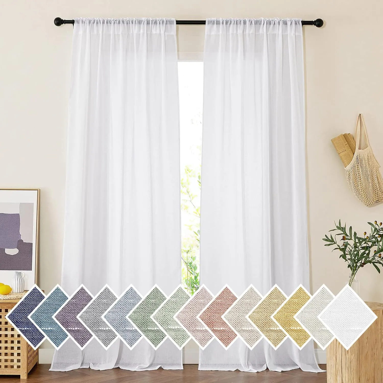 NICETOWN Sheer Linen Curtains for Living Room, Rod Pocket & Back Tab Semi Sheer Drapes Privacy Semitransparent Faux Flax Open Linen Panels for Study Room, W52 x L95, White, 1 Pair
