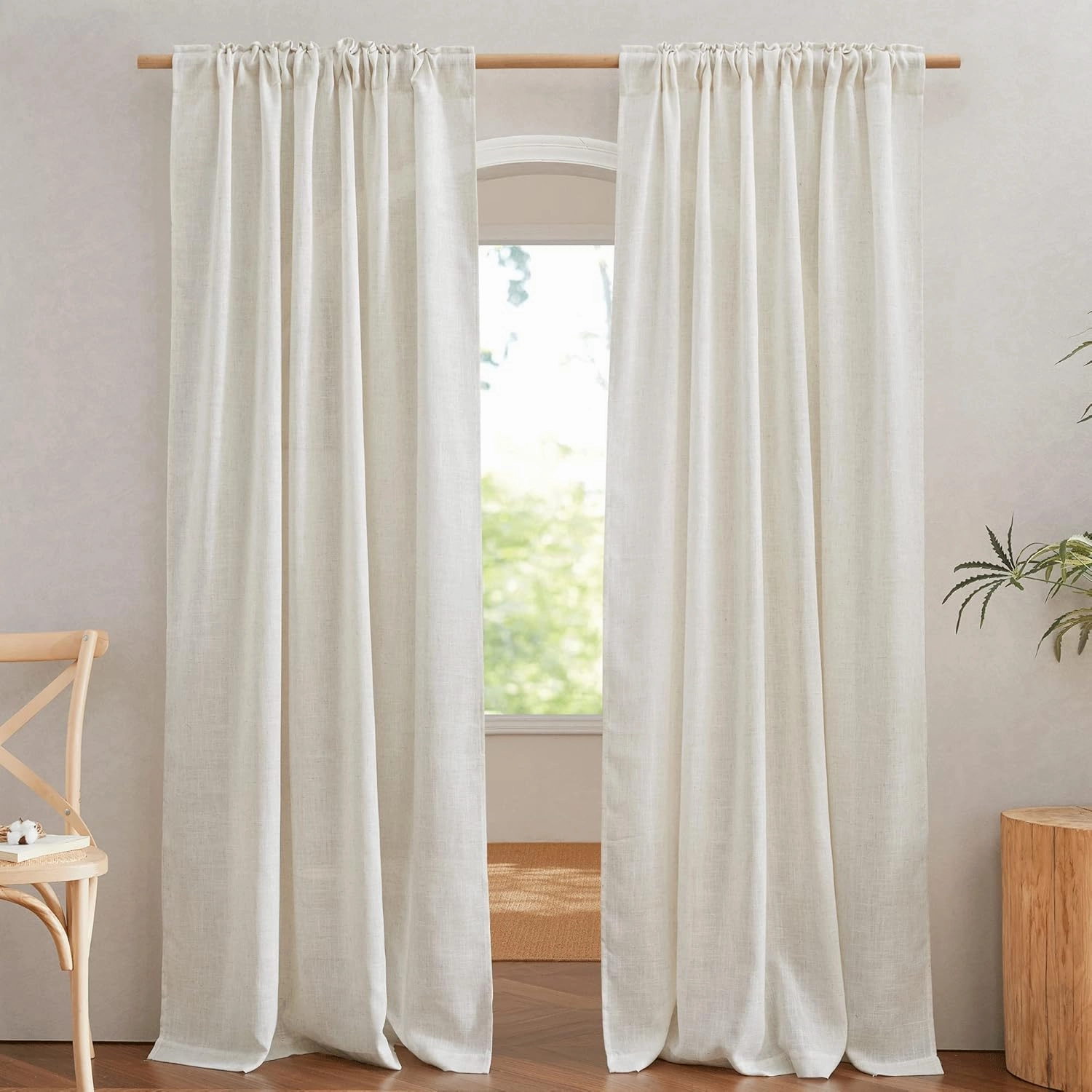 NICETOWN Flax Linen Curtains 84 inch Long, Rod Pocket & Back Tab Semi Sheer Vertical Drapes Privacy Added with Light Filtering for Bedroom/Living Room, Burlap, W52 x L84, 2 Pieces