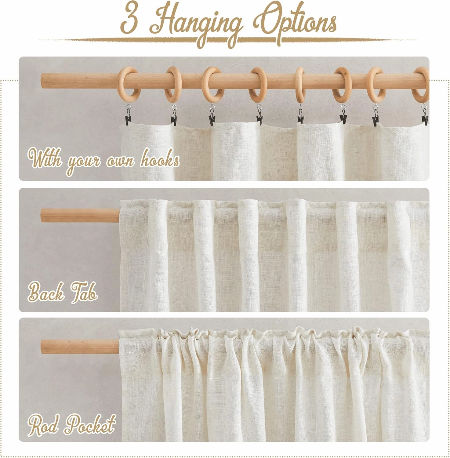 NICETOWN Flax Linen Curtains 84 inch Long, Rod Pocket & Back Tab Semi Sheer Vertical Drapes Privacy Added with Light Filtering for Bedroom/Living Room, Burlap, W52 x L84, 2 Pieces
