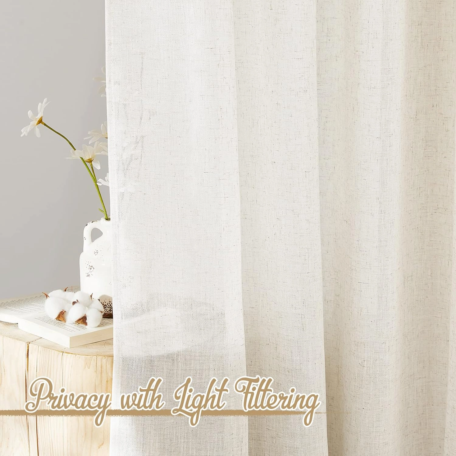 NICETOWN Flax Linen Curtains 84 inch Long, Rod Pocket & Back Tab Semi Sheer Vertical Drapes Privacy Added with Light Filtering for Bedroom/Living Room, Burlap, W52 x L84, 2 Pieces