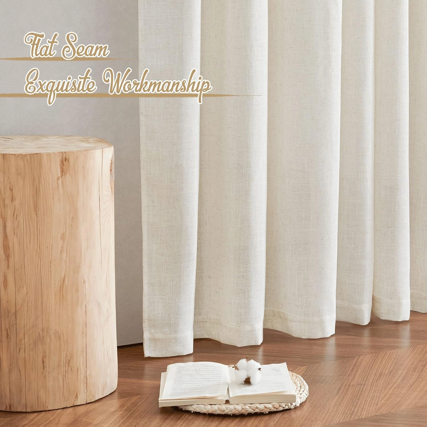 NICETOWN Flax Linen Curtains 84 inch Long, Rod Pocket & Back Tab Semi Sheer Vertical Drapes Privacy Added with Light Filtering for Bedroom/Living Room, Burlap, W52 x L84, 2 Pieces