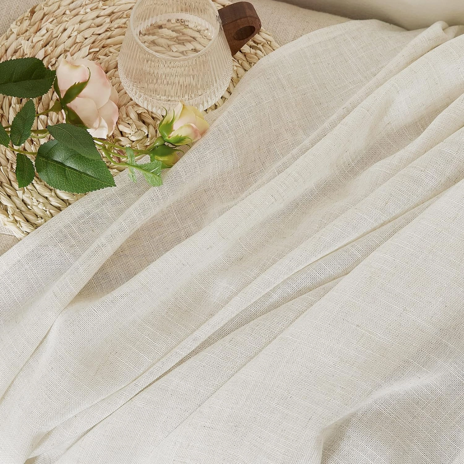 NICETOWN Flax Linen Curtains 84 inch Long, Rod Pocket & Back Tab Semi Sheer Vertical Drapes Privacy Added with Light Filtering for Bedroom/Living Room, Burlap, W52 x L84, 2 Pieces