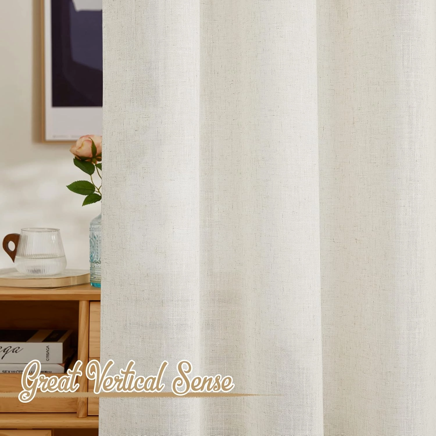 NICETOWN Flax Linen Curtains 84 inch Long, Rod Pocket & Back Tab Semi Sheer Vertical Drapes Privacy Added with Light Filtering for Bedroom/Living Room, Burlap, W52 x L84, 2 Pieces