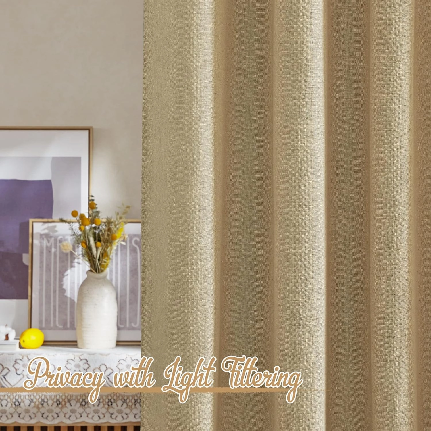 NICETOWN Linen Brown Curtains & Drapes Privacy with Light Filtering, Rod Pocket & Back Tab Flax Linen Burlap Window Treatments Vertical Drapes for Bedroom/Living Room, W52 x L84, 2 Panels