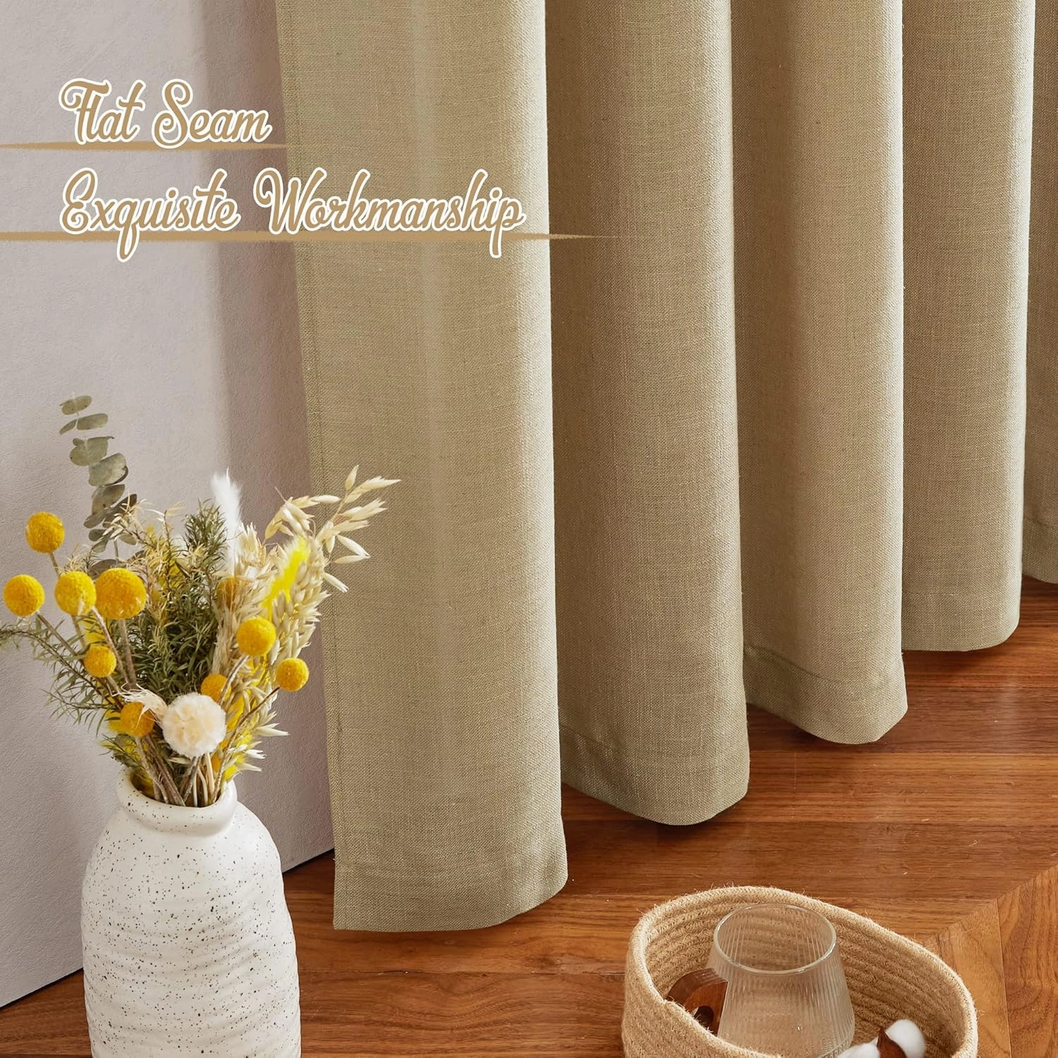 NICETOWN Linen Brown Curtains & Drapes Privacy with Light Filtering, Rod Pocket & Back Tab Flax Linen Burlap Window Treatments Vertical Drapes for Bedroom/Living Room, W52 x L84, 2 Panels