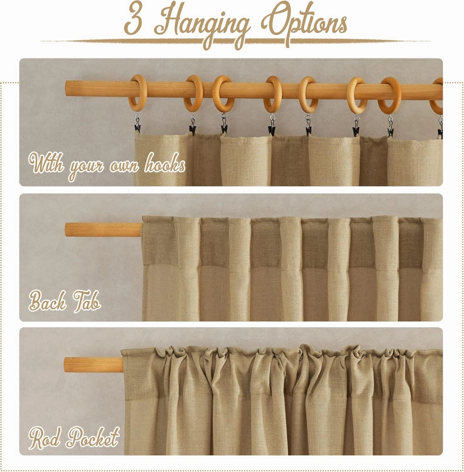 NICETOWN Linen Brown Curtains & Drapes Privacy with Light Filtering, Rod Pocket & Back Tab Flax Linen Burlap Window Treatments Vertical Drapes for Bedroom/Living Room, W52 x L84, 2 Panels
