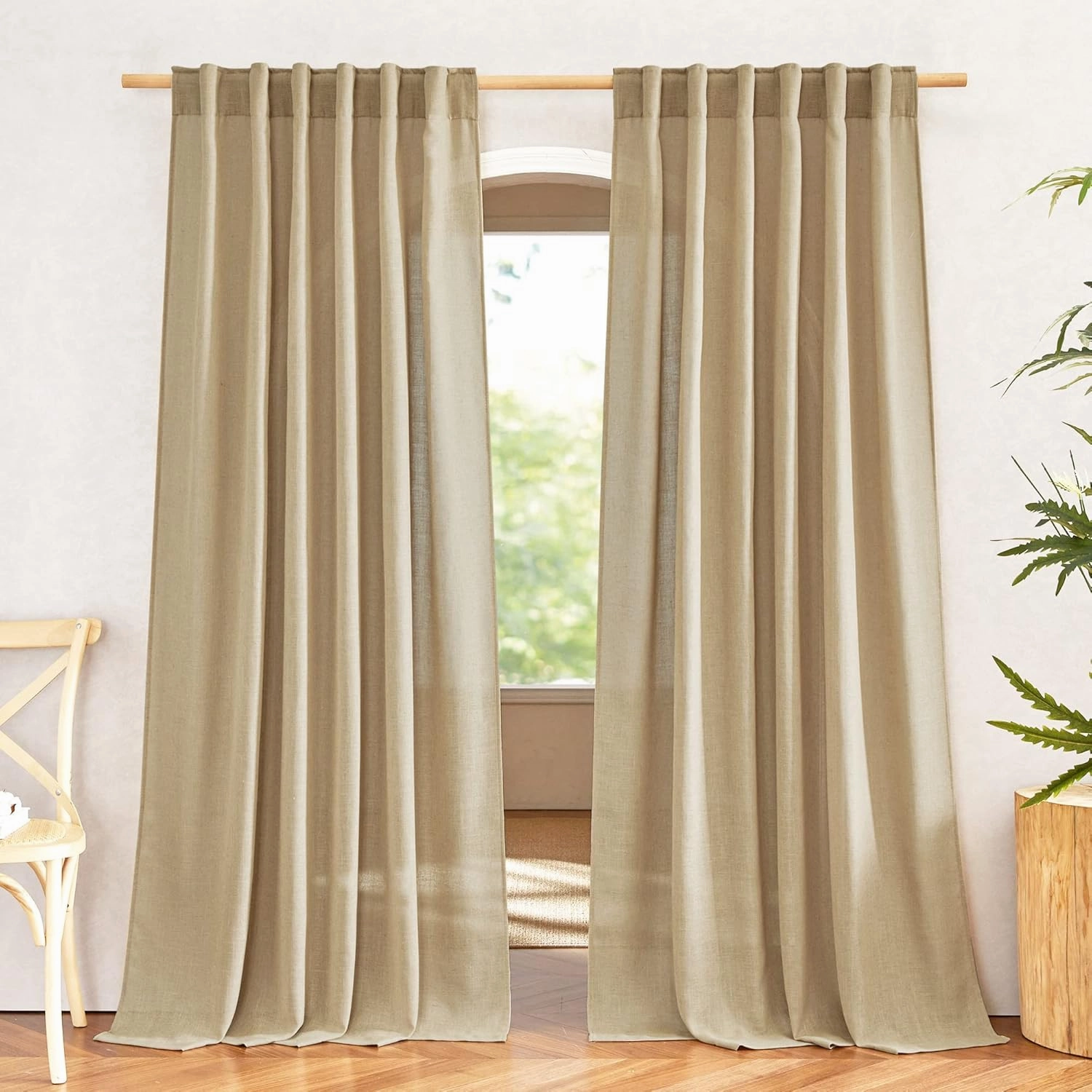 NICETOWN Linen Brown Curtains & Drapes Privacy with Light Filtering, Rod Pocket & Back Tab Flax Linen Burlap Window Treatments Vertical Drapes for Bedroom/Living Room, W52 x L84, 2 Panels
