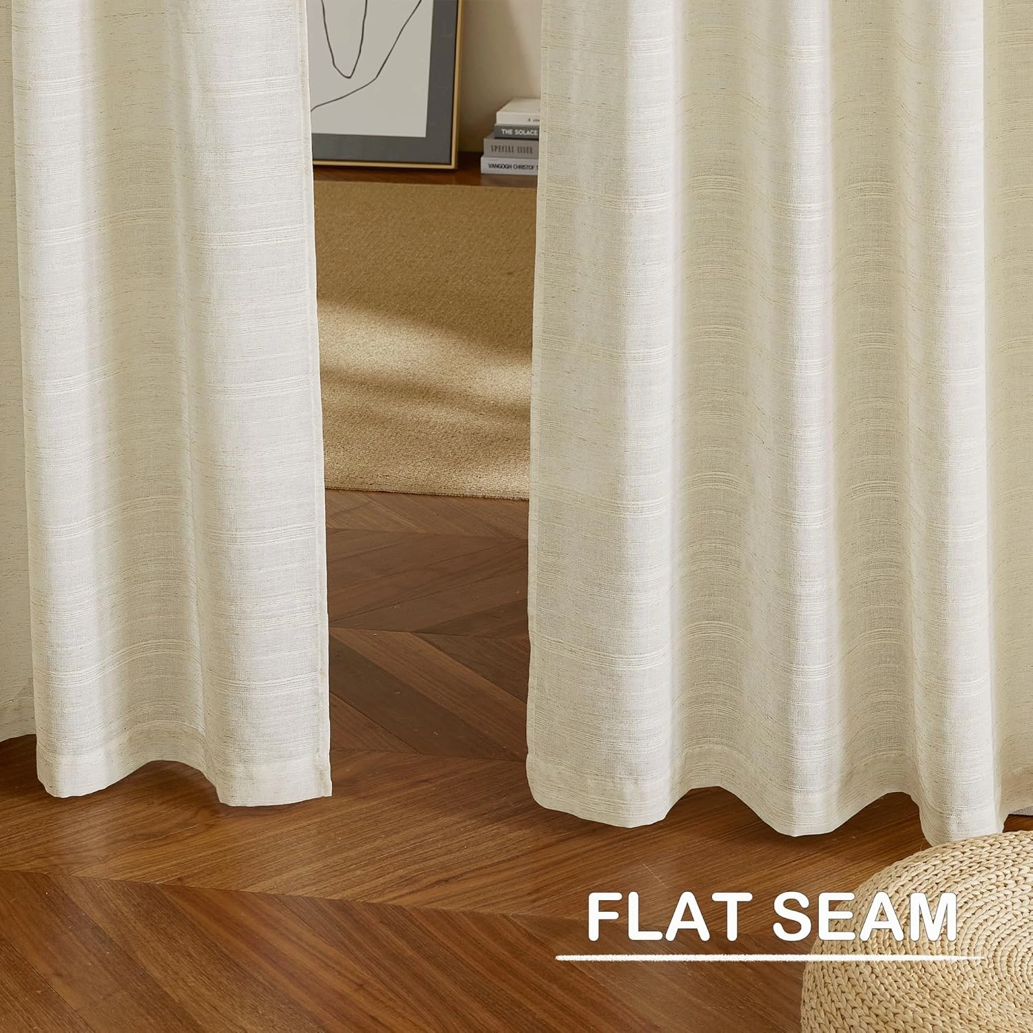 NICETOWN Linen Curtains for Bedroom 84 inch Length 2 Panels Set, Pocket Top Semi Sheer Stripe Pattern Window Treatments Privacy with Light Filtering for Living Room, Natural, W54 x L84