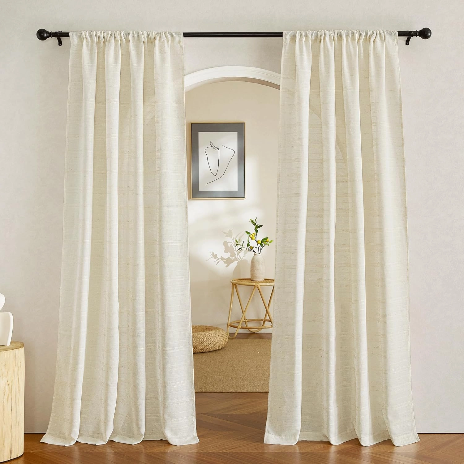 NICETOWN Linen Curtains for Bedroom 84 inch Length 2 Panels Set, Pocket Top Semi Sheer Stripe Pattern Window Treatments Privacy with Light Filtering for Living Room, Natural, W54 x L84