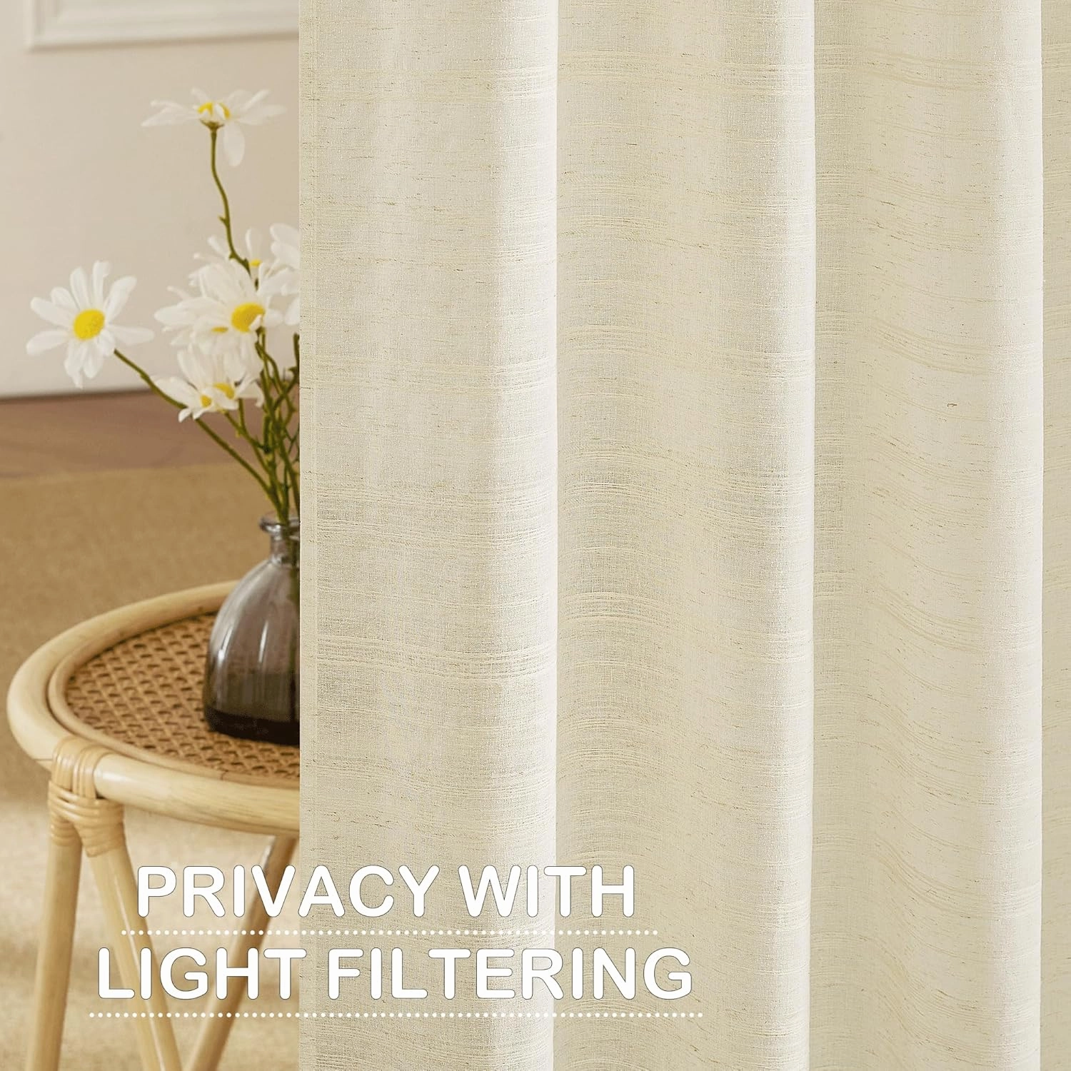NICETOWN Linen Curtains for Bedroom 84 inch Length 2 Panels Set, Pocket Top Semi Sheer Stripe Pattern Window Treatments Privacy with Light Filtering for Living Room, Natural, W54 x L84