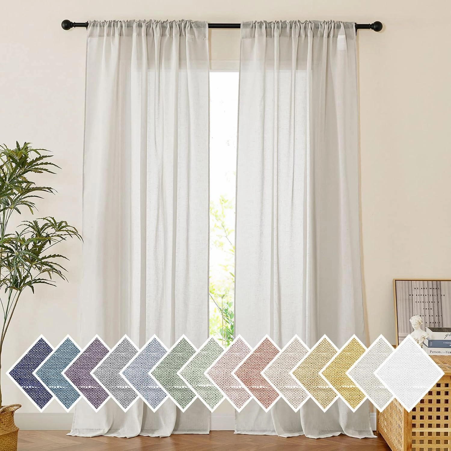 NICETOWN Semi Sheer Light Filtering Linen Curtains for Windows 95 inch Length, Rod Pocket & Back Tab Linen Blend Vertical Drapes Privacy for Bedroom/Living Room, Natural, W52 x L95, 2 Pieces